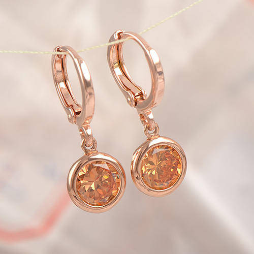 ROSE GOLD FILLED CHAMPAGNE CZ ROUND 6 MM DANGLE EAR RINGS