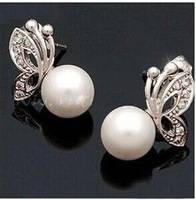 925 SILVER PL FAUX PEARL BUTTERFLY EAR RINGS