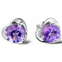 925 STERLING SILVER AMETHYST CRYSTAL HEART EAR RINGS