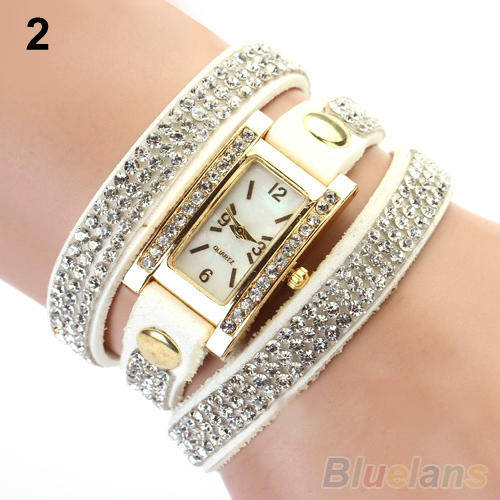 WOMENS SQUARE VINTAGE DIAL RHINESTONE LEATHER WRAP AROUND WRIST WATCH