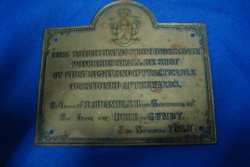 Small Humorous Plaque from the Gamekeeper the Duke of Gumby in November 1868