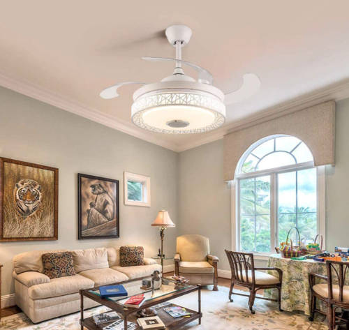White Bird Nest Retractable Ceiling Fan With Blue Tooth Speaker