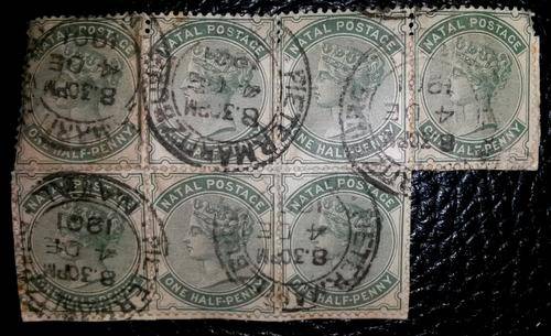 Natal - Strip of 6x onehalf penny stamps on piece