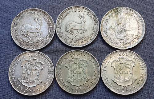 Lot of 6 x 5 Shilling Crowns - 1951, 1952 and 1960 (50% Silver)