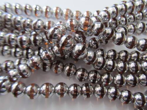 Glass Beads, Fancy, Round, Brown With Silver, 8mm, ±52pc