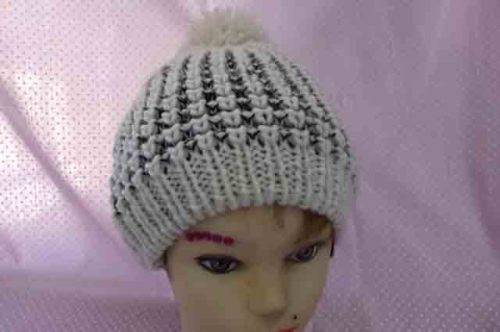 Handmade / Homemade Knitted Wool Beanie, Off White And Navy Blue, 1pc