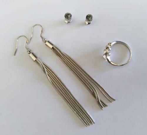 Ring Silver Stamped 925, Ring Size 17mm, Width 7mm, Pair Silver Chain Dangle Earrings, Stud Earrings