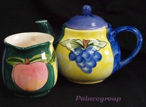 Tea Pot and Milk Jug, Shades Of Blue, Yellow and Green With Fruit Decoration, Glazed, See Photos....