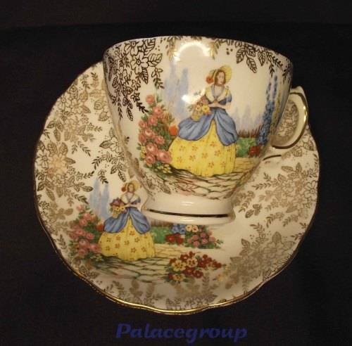 1940`s Colclough Bone China Crinoline Lady Chintz Tea Cup and Saucer x 4