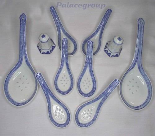 Chinese Rice Grain - Rice Eyes Blue And White Porcelain Spoon Set, See Photo`s