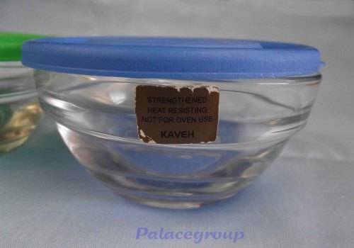5 x Glass Bowl`s, 4 x Plastic Lid`s Blue and Green, Strengthened - Heat Resisting, 75ml See Photo`s