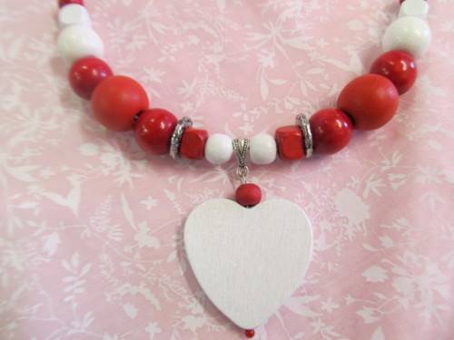 Burtell Necklace, Wooden Beads With Wooden Heart On Wire, White And Red, 45cm