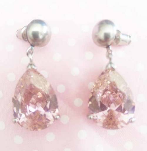 Riza Earrings, Pink Rhinestones, Nickel Studs, 32mm, 1 Pair