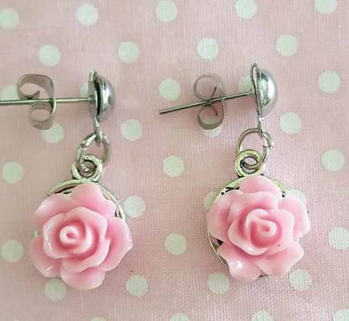 Mistique Earrings, Nickel Studs With Pink Roses, 28mm, 2pc