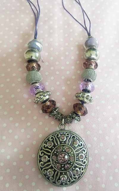 Mistique Necklace, Purple And Nickel Pandora Style Beads On Purple Wax Cord, 52mm