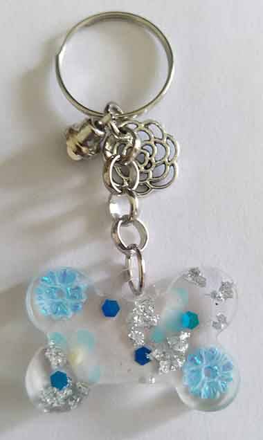 Personal Keyring, Bone Shape, Shades Of Blue, Size 27mm x 39mm, Resin Product, Handmade, Unique