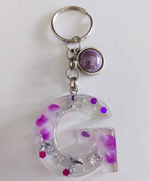 Personal Keyring, Letter `G`, Purple And Silver, Size 40mm x ±9mm, Resin Product, Handmade, Unique