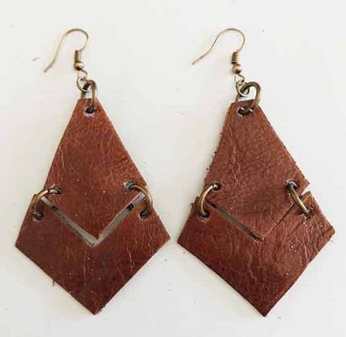 Earrings, Brown Leather + Bronze Ear Hooks, 83mm, Handmade Leather Product, Unique, 2pc