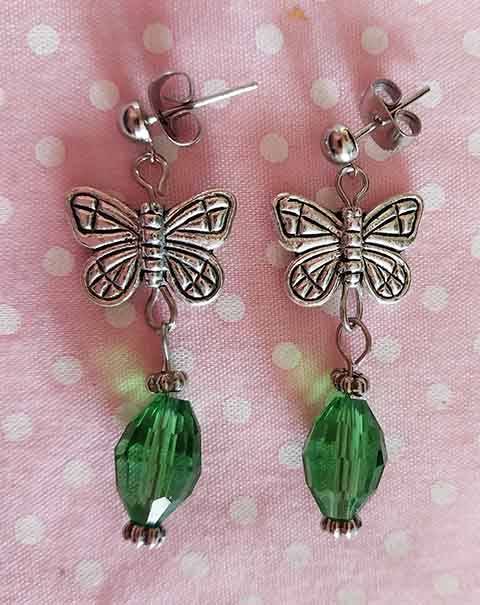 Cristia Earrings, Green Crystal Beads+Nickel Butterfly And Ear Studs, 38mm