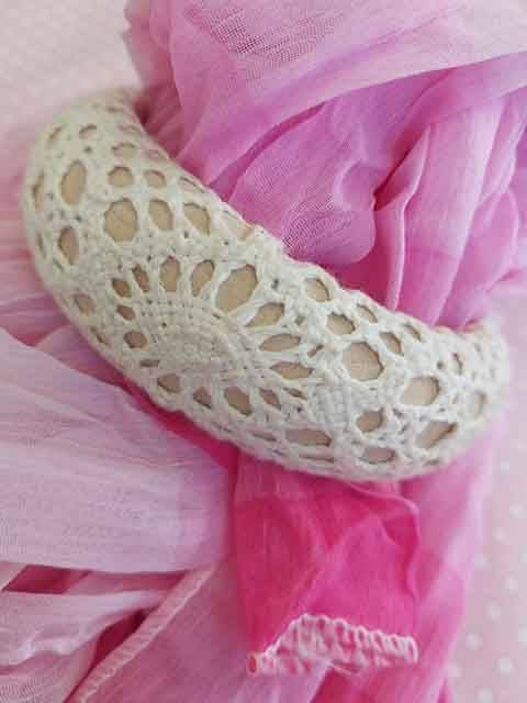 Burtell Bangle, Wooden Bangle Covered In Beige Crochet Work, Inside Diameter - 65mm, Width 30mm, 1pc