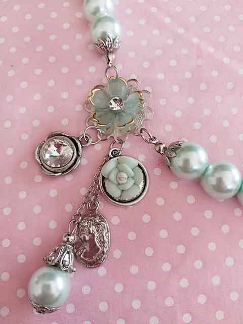 Necklace, Green Glass Pearls+Flower Detail On Side, Nickel Findings, Lobster Clasp, 48cm+5cm