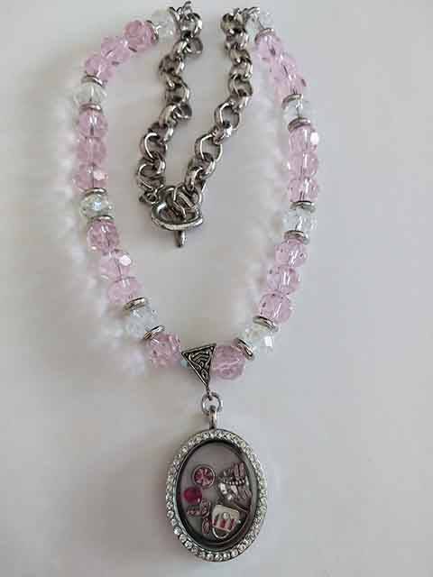Crystal Necklace, Pink+Clear Crystal Beads+Locket+Clear Rhinestones+Charms, Toggle Clasp, 46cm, 1pc