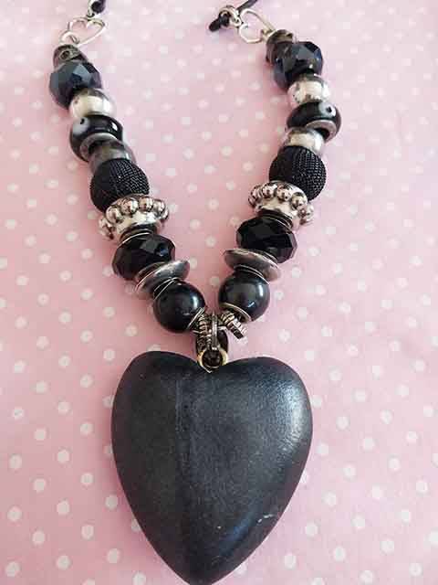 Necklace, Black Pandora Style Beads+Chain+Black Leather+Heart Pendant, Lobster Clasp, 46cm+5cm