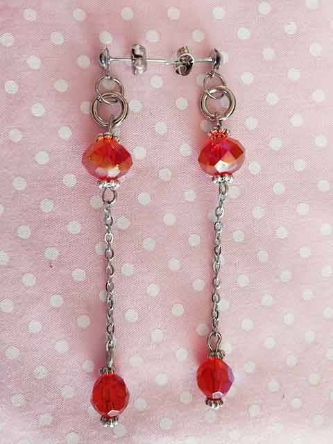 Earrings, Red Crystal Beads, Nickel Findings+Ear Studs, 75mm, 2pc