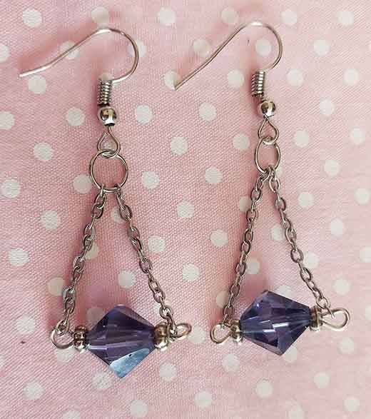 Earrings, Purple Bicone Crystal Beads, Nickel Findings+Ear Hooks, 50mm, 2pc