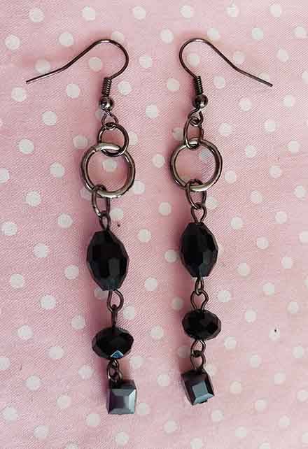 Earrings, Black Crystal Beads, Black Nickel Findings+Ear Hooks, 70mm