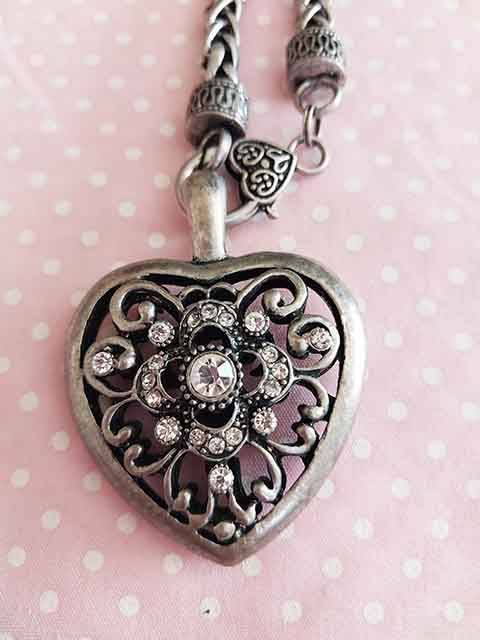 Necklace, Antique Nickel Chain+Heart Pendant+Clear Rhinestones, Lobster Clasp, 48cm