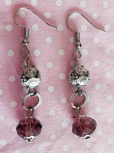 Earrings, Purple Crystal Beads, Nickel Findings+Ear Hooks, 50mm, 2pc