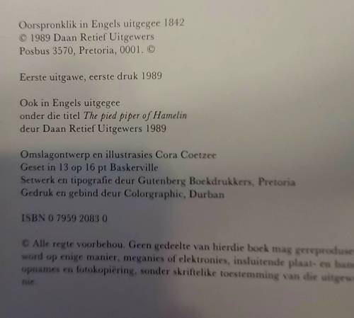 Die Rottevanger van Hameln, Afrikaanse verwerking Antjie Krog 1989