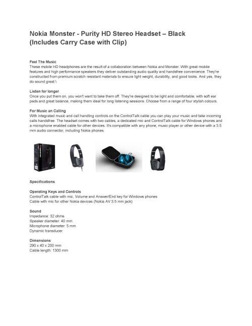 NOKIA MONSTER - PURITY HD STEREO HEADSET - BLACK