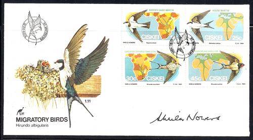 CISKEI - COVER SIGNED BY THE ARTIST - SHEILA NOWERS - MIGRATORY BIRDS (1984)