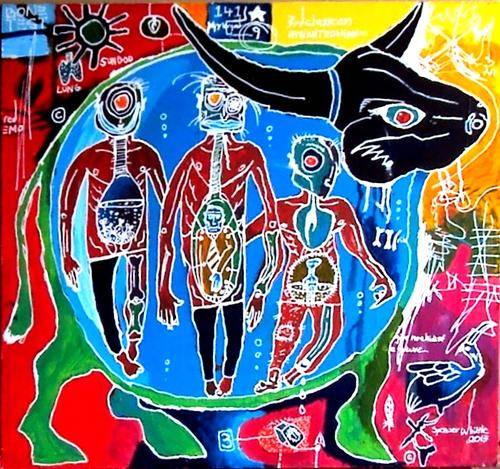 ORIGINAL SOUTH AFRICAN ART - "SUNGOD BULL" - ACRYLICS ON CANVAS STRETCHED ON BOARD (650mm x 610mm)
