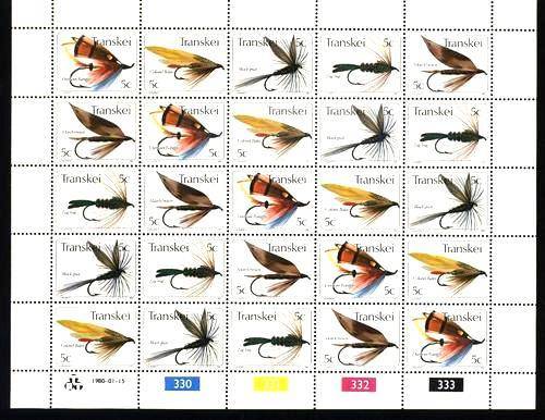 TRANSKEI - FULL SHEET OF 25 UM STAMPS  - FLY FISHING  1980.