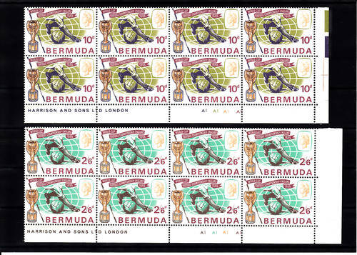 BERMUDA: 1966 WORLD CUP SET OF 2  IN CYL & IMPRINT BLOCKS OF 8. FINE U/MINT. SG 193-194