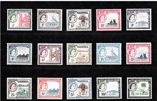 GAMBIA: SG 171-185: 1953/1959 QE II DEFINITIVE SET OF 15. FINE MINT (*)