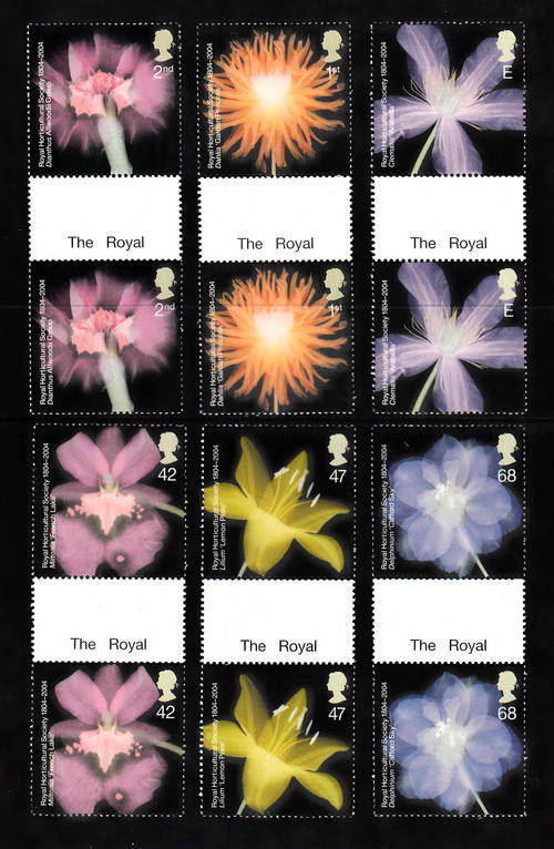 SG 2456-2461: 25.5.2004:BICENTENARY HORTICULTURAL SOCIETY SET OF 6 GUTTER PAIRS @ FACE VALUE.U/M(**)