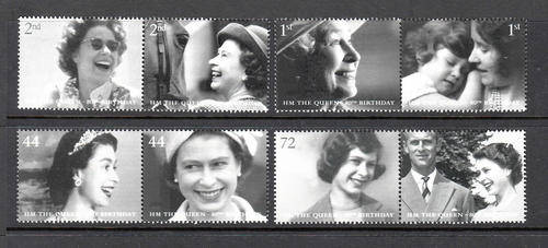GB: SG 2620-2627: 18.4.2006: 80TH BIRTHDAY QEII SET OF 4 SETENANT PAIRS)  @ FACE VALUE. U/MINT(**)