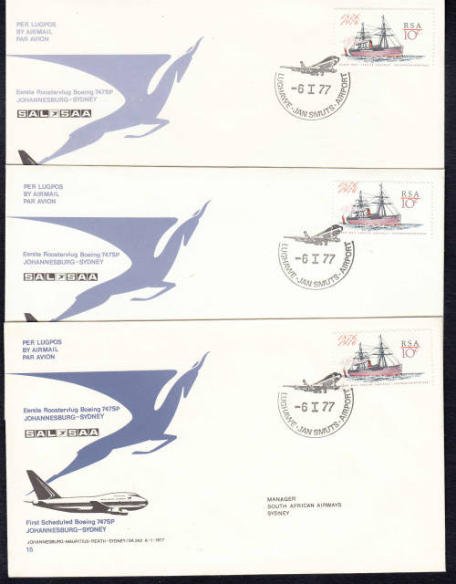 RSA: SAA COVER NO 15 DATED 6.1.1977: IOHANNESBURG/SYDNEY. 3 COVERS WITH VARIETIES