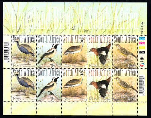 RSA: SACC 2081-2086: 6.8.2010 : GRASSLAND BIRDS SHEETLET OF 10. U/MINT(**)