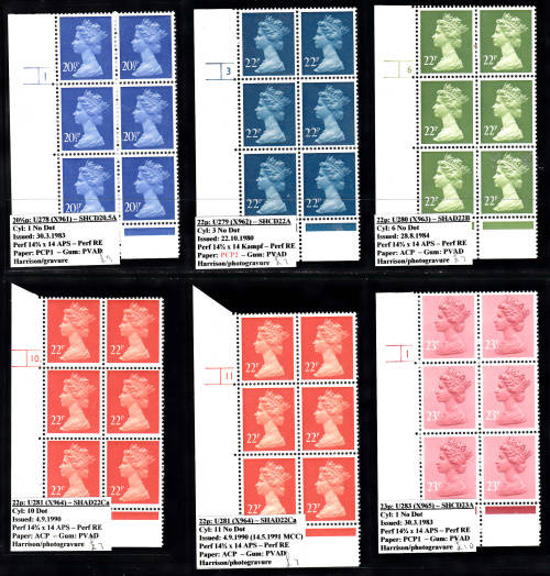 GB:  SELECTION (3) OF 6 MACHIN DEFINITIVE CYLINDER/PLATE BLOCKS. U/MINT(**) GOOD VALUE