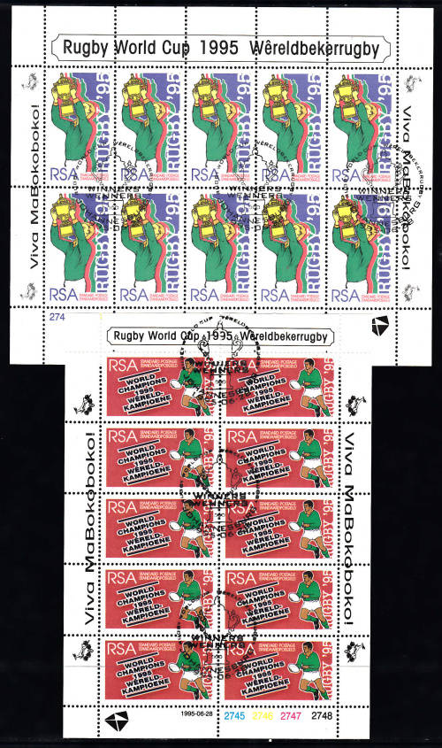 SACC 903-904: 28.6.1995: RUGBY WORLD CHAMPIONS SET OF 2 SHEETLETS. USED(CTO)