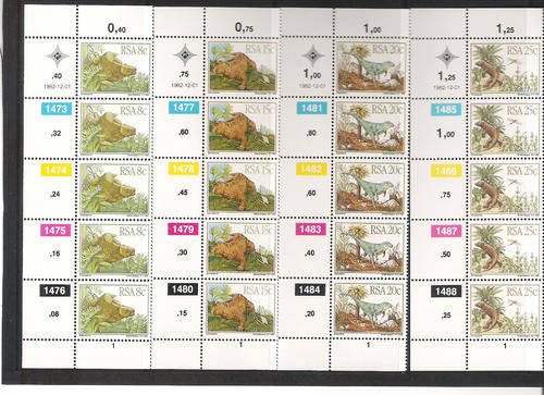 RSA: 1.12.1982 - PREHISTORIC ANIMALS - U/MINT SET OF 4 CONTROL STRIPS OF 5