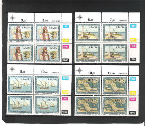 RSA: 3.2.1988 - BARTOLOMEU DIAS ANNIVERSARY - U/MINT SET OF 4  CONTROL BLOCKS OF 4