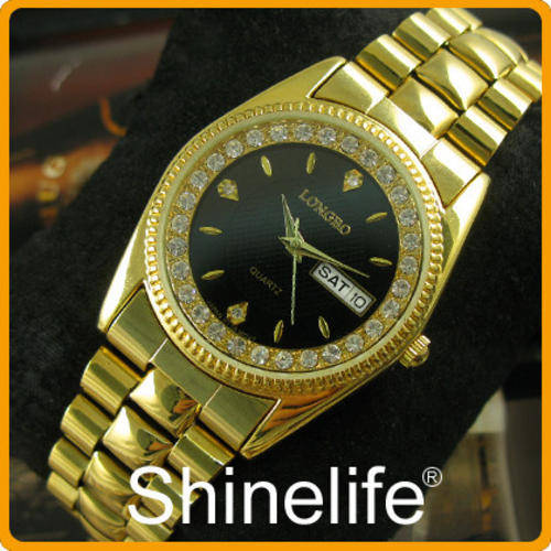 Posh Bling Diamond Gold Steel Day Week Watch Black Dial