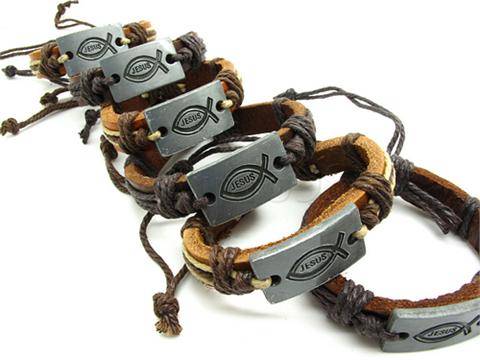 AMERICAN FISH SYMBOL JESUS LEATHER BRACELET + FREE SHIPPING