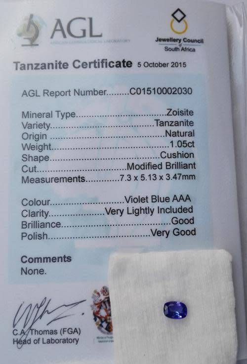 Certified 1.05ct Cushion Cut Tanzanite for sale